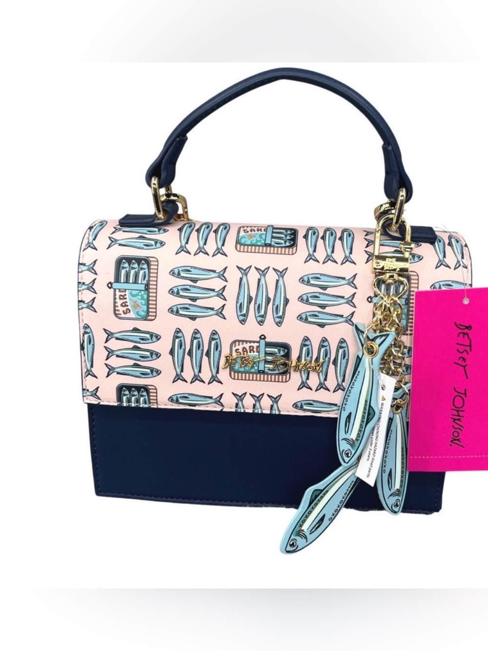Betsey Johnson Pink & Navy Sardine Print Top-Handle Crossbody Bag